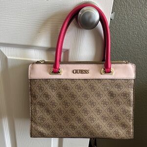 Guess Pink and Brown Satchel with Logo Pattern